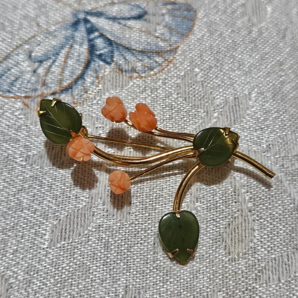 vintage coquette cottagecore angel skin coral and jade roses brooch